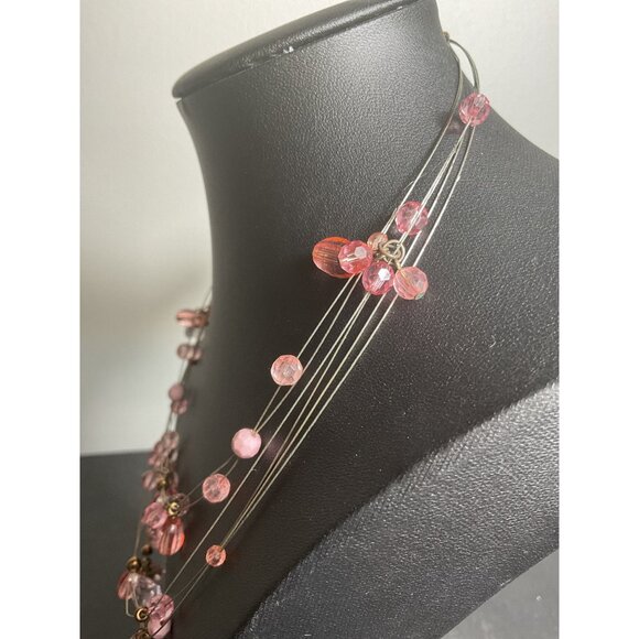 Multi Layered Necklace With Adjustable Chain & Pink Beads - Picture 3 of 4